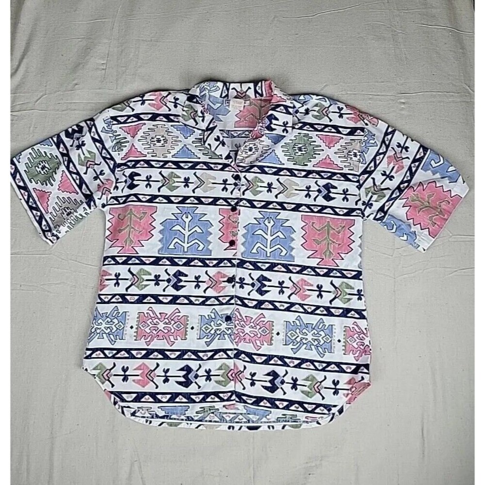 Cabrais Aztec Shirt Womens 16 XL White Pink Blue Southwest Tribal Vintage 90s‎